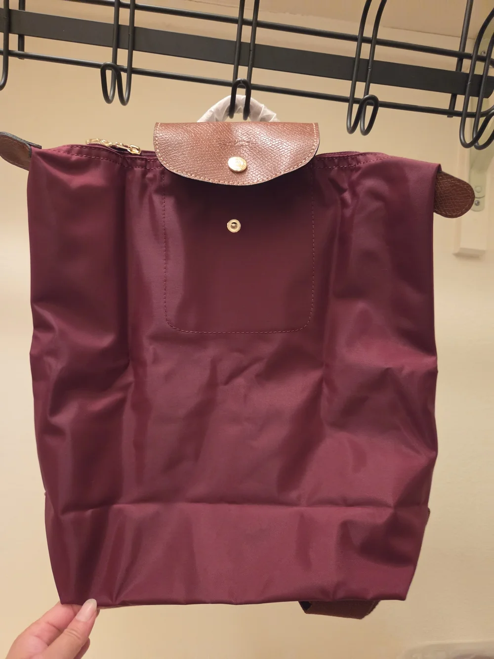 Longchamp Burgundy Nylon Backpack with Brown Leather Flap